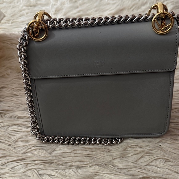 Fendi (F is for Fendi) Gray Leather Shoulder Bag with Chain Strap - Picture 8 of 16
